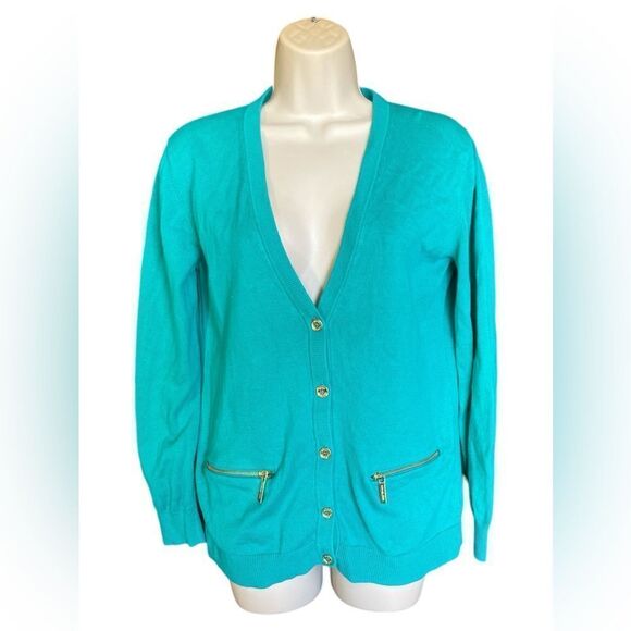 Michael Kors Vneck cardigan turquoise. Gold Hardware And Zipper Pockets knit M - Picture 1 of 6
